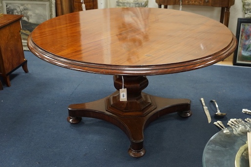 An early Victorian mahogany circular tilt top breakfast table, on octagonal column, diameter 136cm, height 74cm